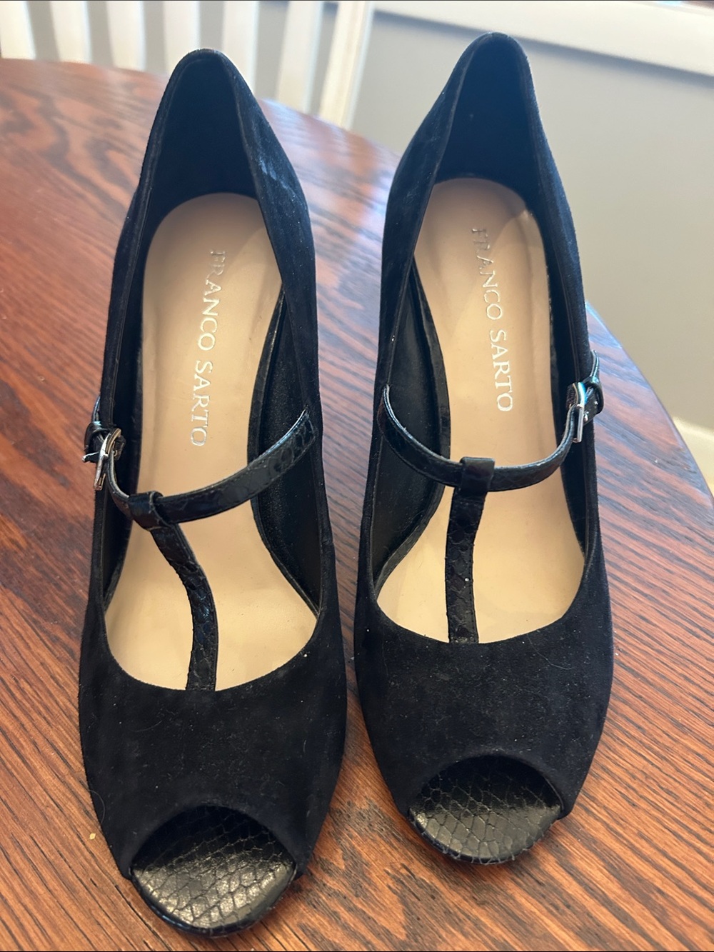 Classic Black Suede Peep-Toe Mary Jane Heels - Picture 2 of 3